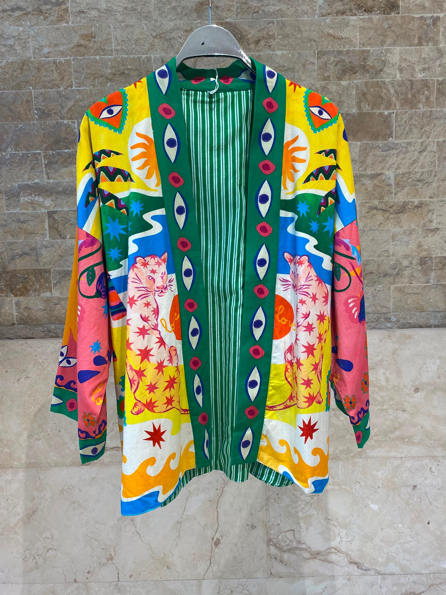 Green Illustrative Graphics Belted Kimono 67058
