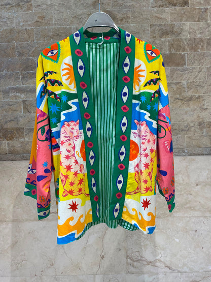 Green Illustrative Graphics Belted Kimono 67058