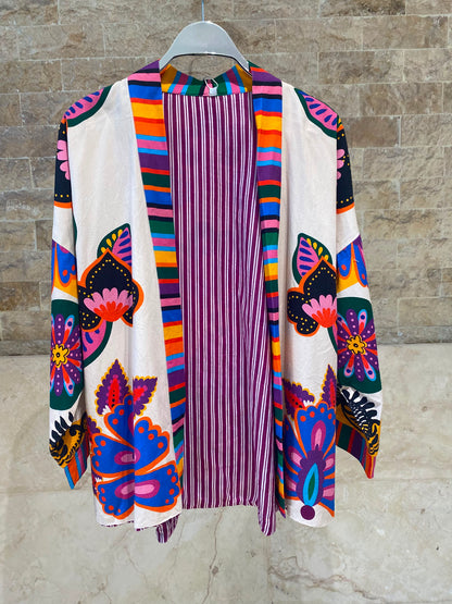 Purple Retro Inspired Belted Kimono 67058