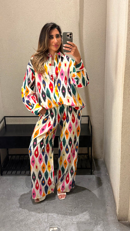 Naiara Sets Oversized Ikat Print Linen Shirt and Pants