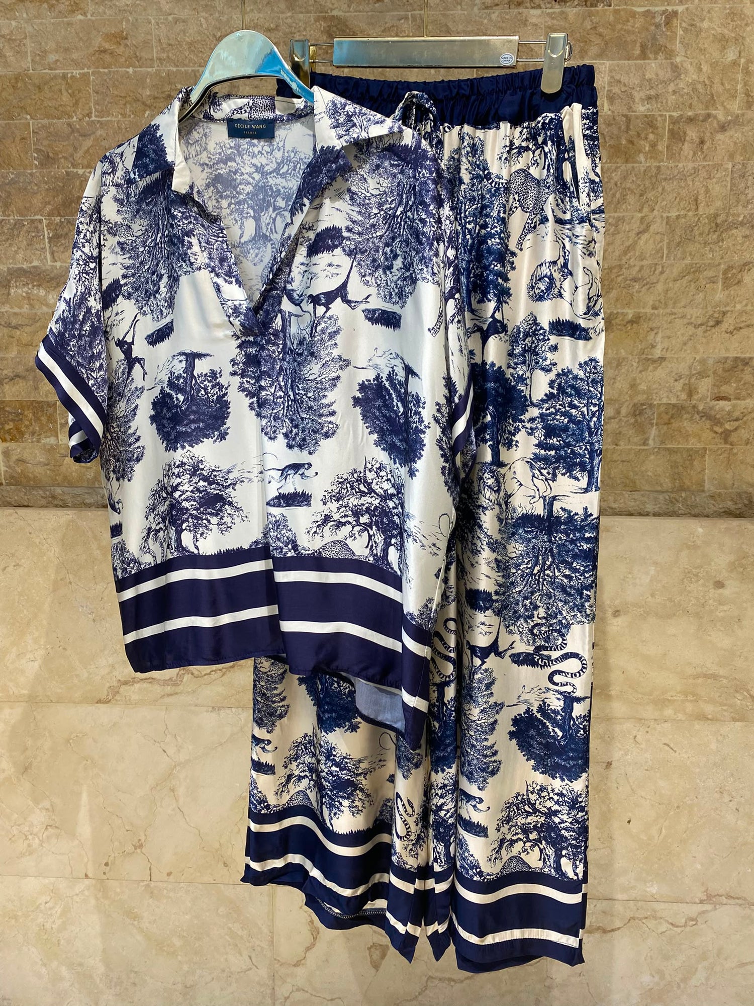 Toile de Jouy Print Satin Top and Pants Set KD7607/6637-2