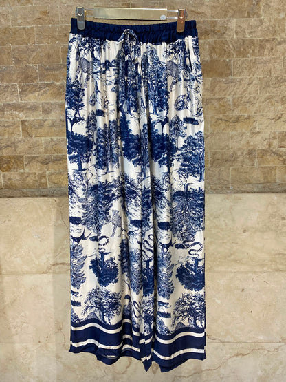 Toile de Jouy Print Satin Top and Pants Set KD7607/6637-2