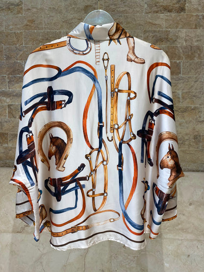 Equestrian Printed Satin Shirt and Pants Set KD9721/6637VS-41