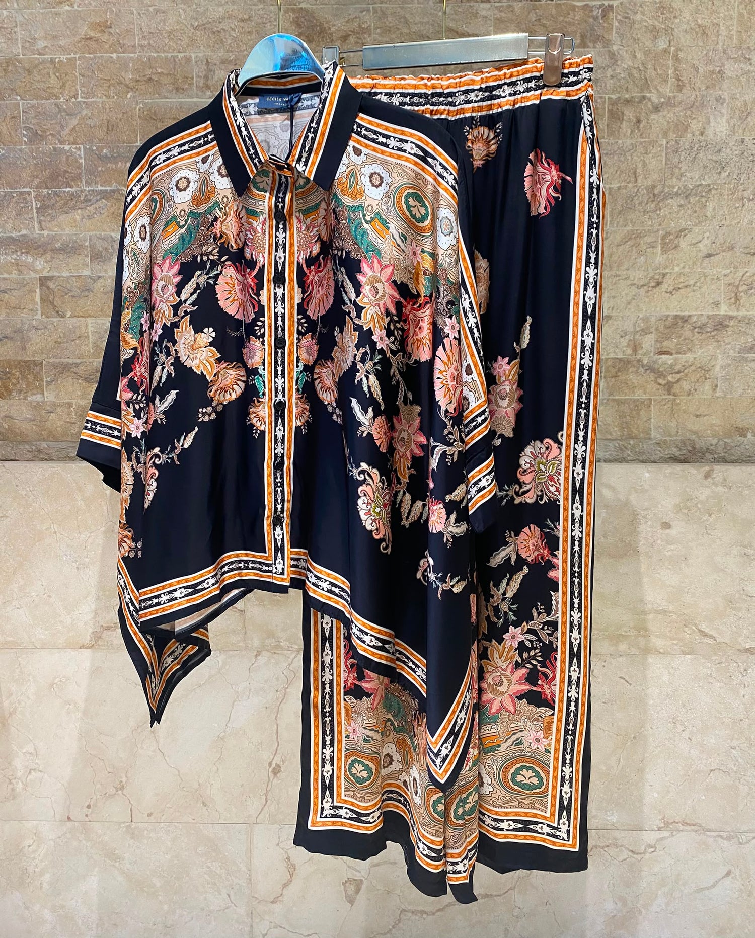 Bohemian Floral Satin Shirt and Pants Set KD8871/9099-12