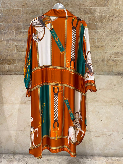 KD6120VS-2 Equestrian Print Satin Oversized Dress