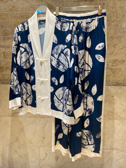 Leaf Print Satin Jacket and Pants Set KD88009/9099VS-14