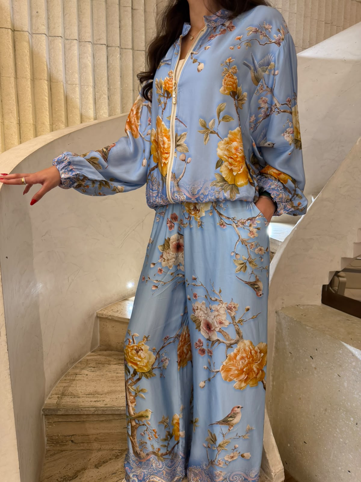 Floral and Bird Printed Satin Bomber Jacket and Pants Set KD8772/6637VS-11