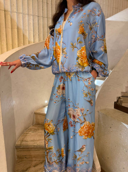 Floral and Bird Printed Satin Bomber Jacket and Pants Set KD8772/6637VS-11