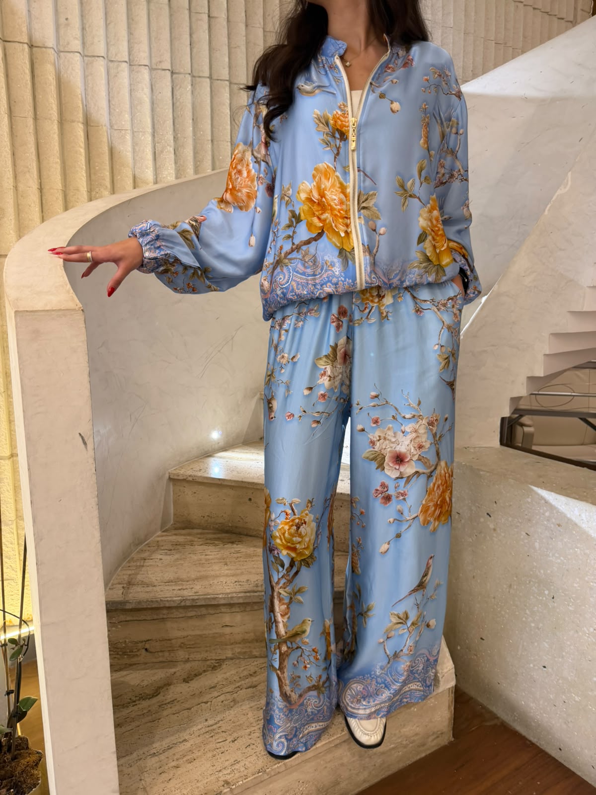 Floral and Bird Printed Satin Bomber Jacket and Pants Set KD8772/6637VS-11