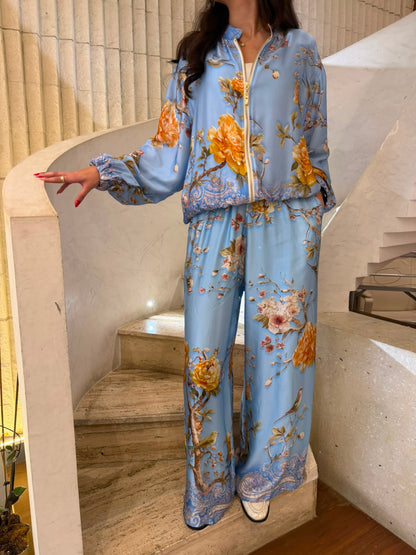 Floral and Bird Printed Satin Bomber Jacket and Pants Set KD8772/6637VS-11