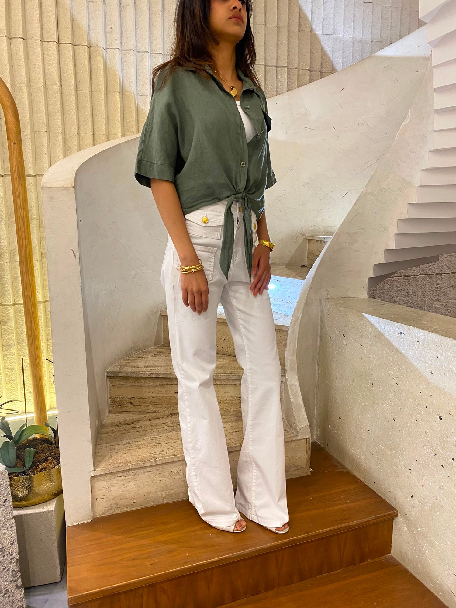 Linen Blend Crop Shirt TDM29719L