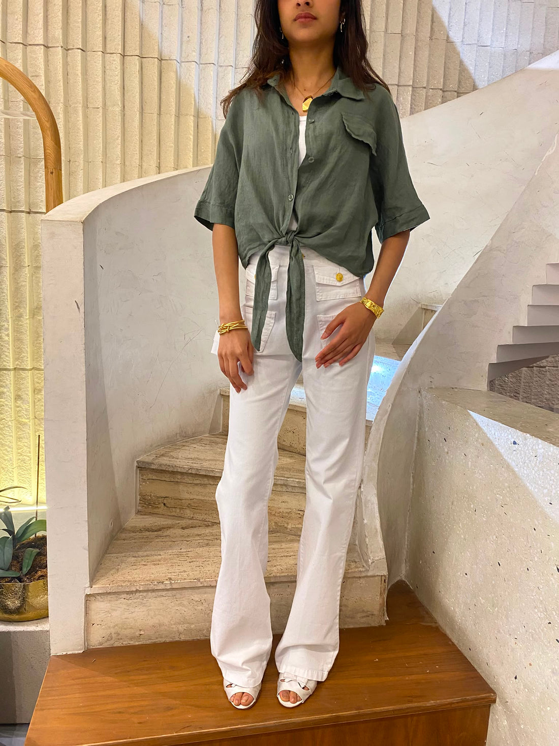 Linen Blend Crop Shirt TDM29719L