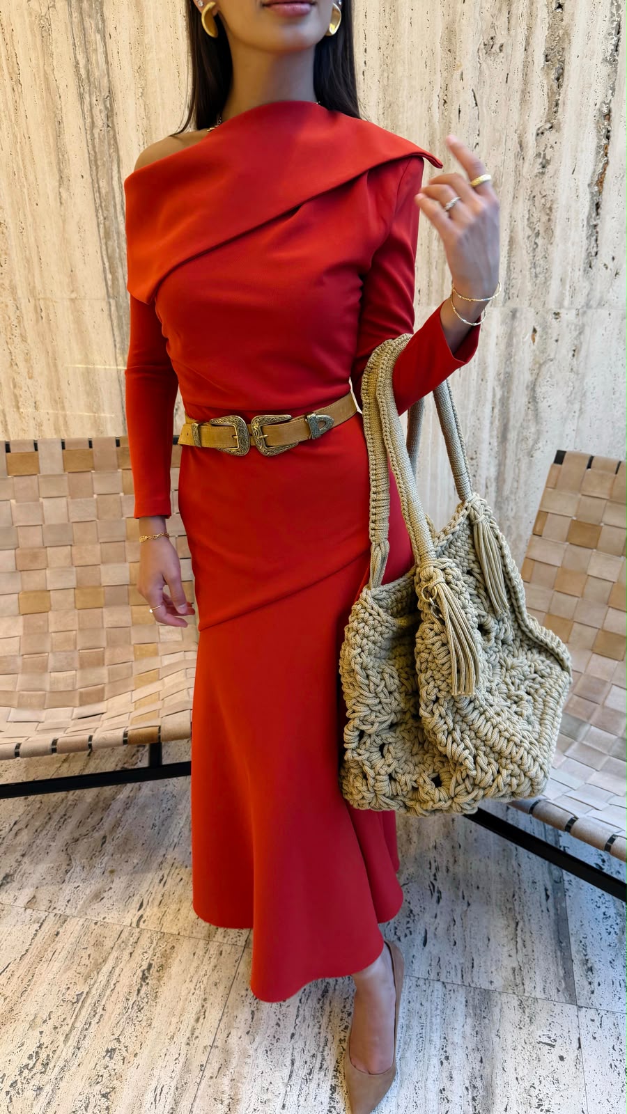Mara Teja Asymmetrical Off Shoulder Crepe Midi Dress