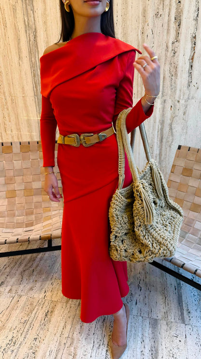 Mara Teja Asymmetrical Off Shoulder Crepe Midi Dress