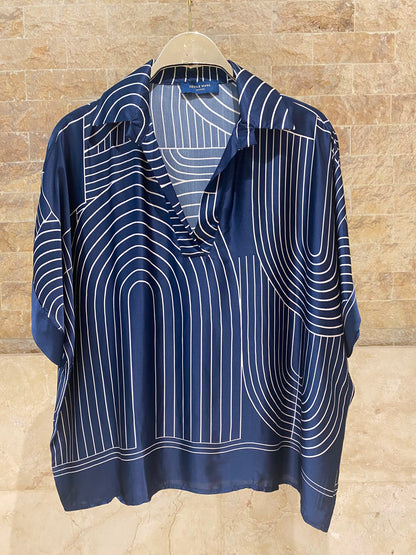 KD7607/7789VS-29 Geometric Arch and Line Patterned  Satin Shirt and Pants