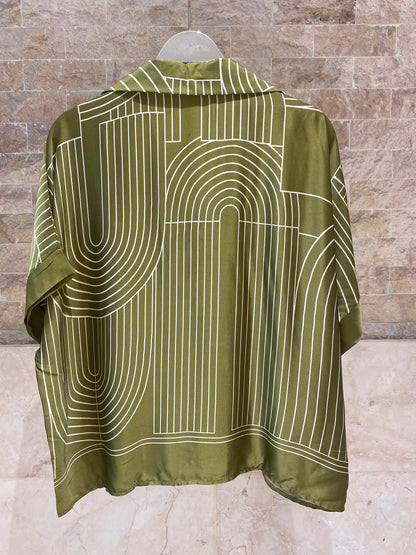 KD7607/7789VS-29 Geometric Arch and Line Patterned  Satin Shirt and Pants