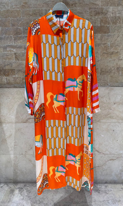 KD6255VS-20 Equestrian Print Oversized Satin Long Dress