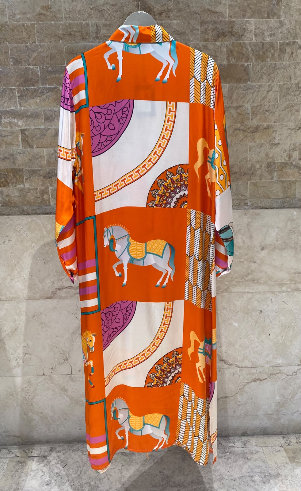 KD6255VS-20 Equestrian Print Oversized Satin Long Dress