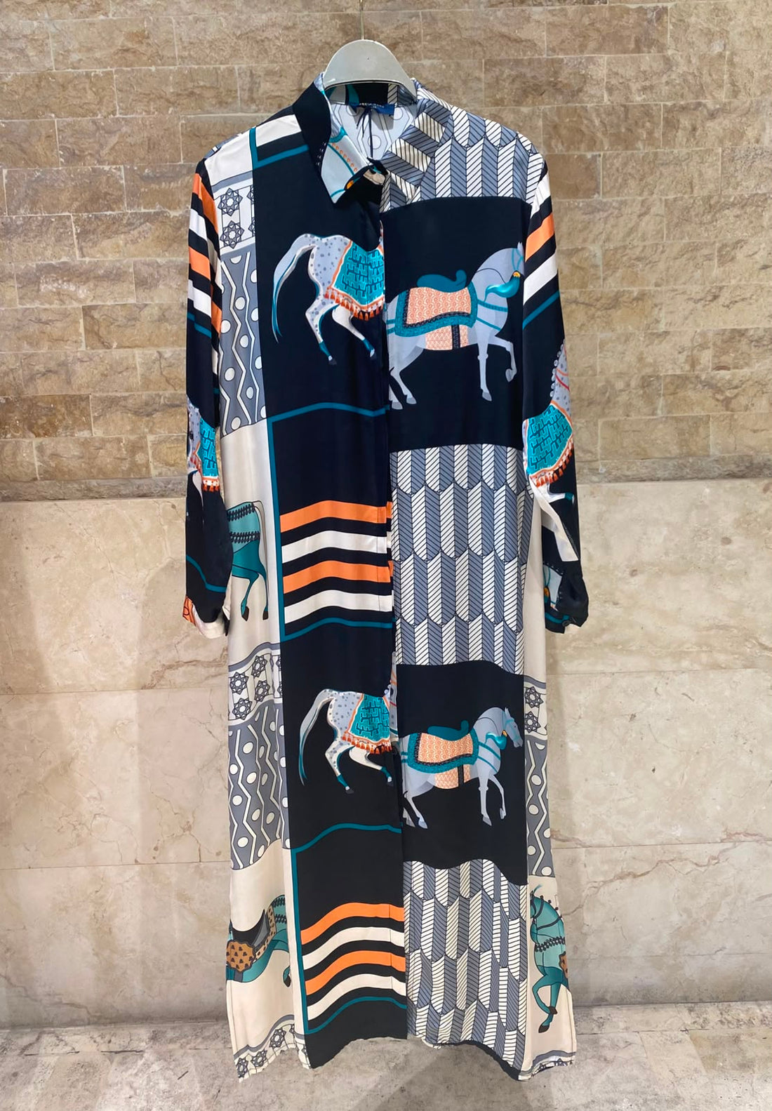 KD6255VS-20 Equestrian Print Oversized Satin Long Dress