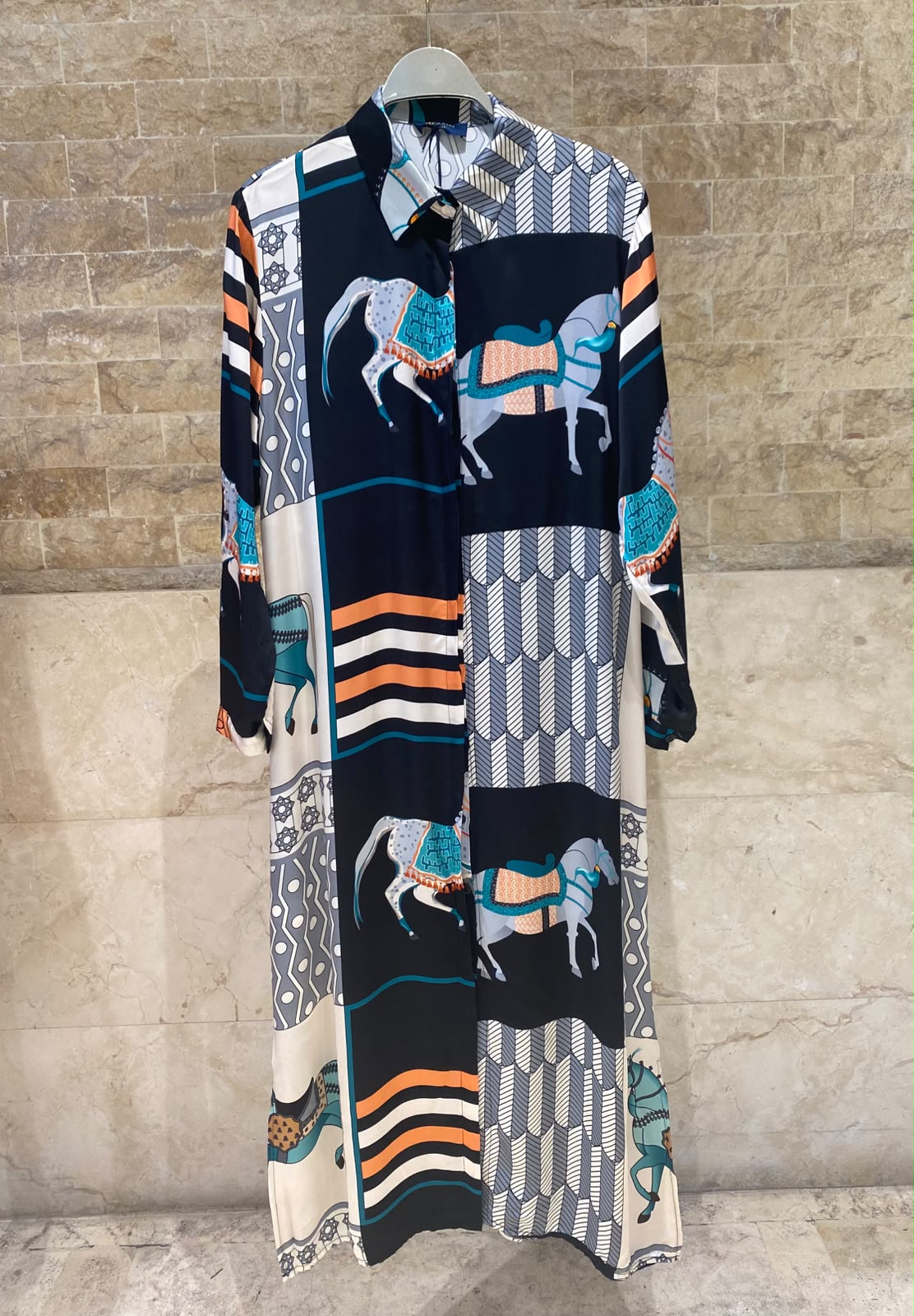 KD6255VS-20 Equestrian Print Oversized Satin Long Dress