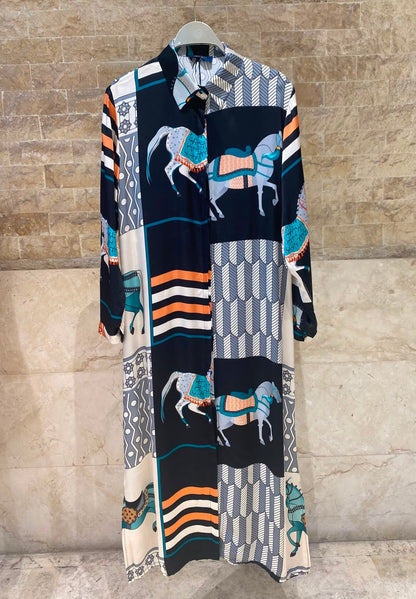 KD6255VS-20 Equestrian Print Oversized Satin Long Dress