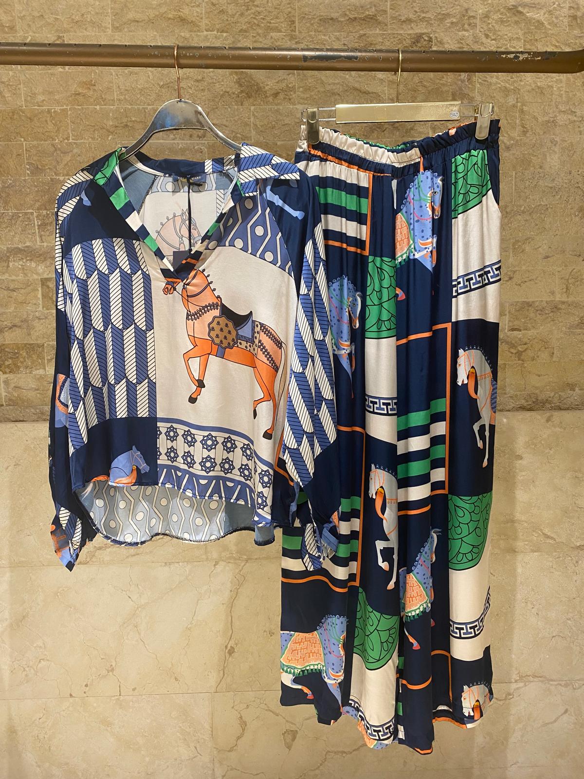 Equestrian Printed Satin Top and Pant Set KD7635VS/66375-20