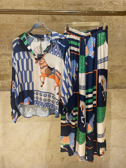 Equestrian Printed Satin Top and Pant Set KD7635VS/66375-20