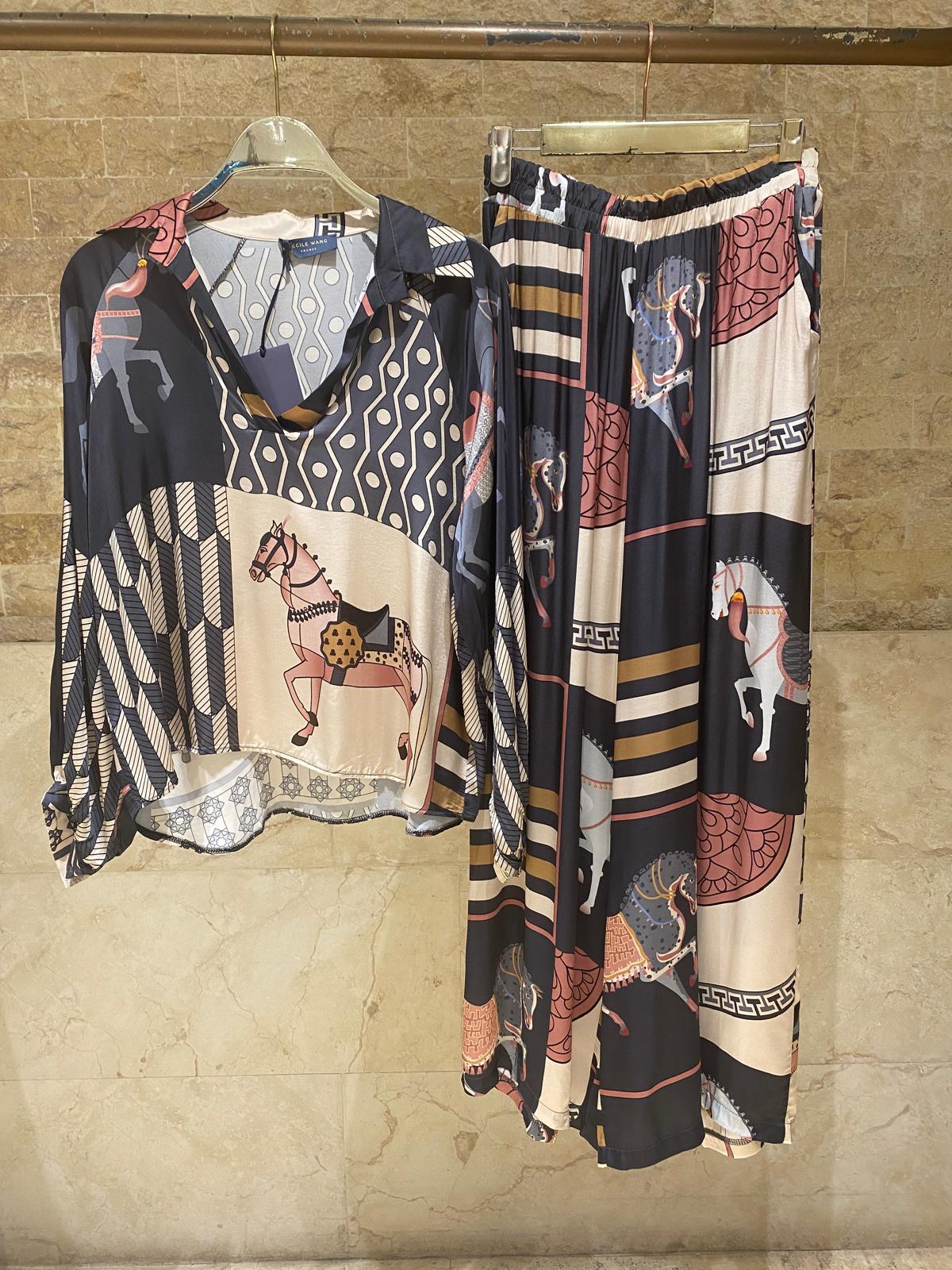 Equestrian Printed Satin Top and Pant Set KD7635VS/66375-20