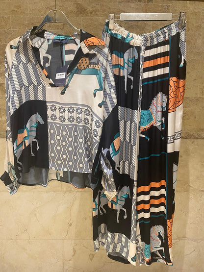 Equestrian Printed Satin Top and Pant Set KD7635VS/66375-20