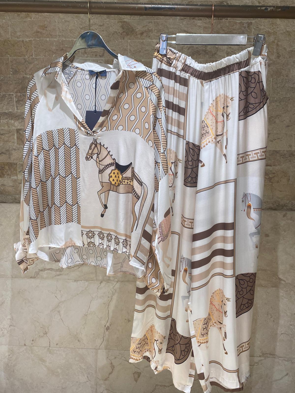 Equestrian Printed Satin Top and Pant Set KD7635VS/66375-20