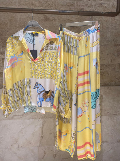 Equestrian Printed Satin Top and Pant Set KD7635VS/66375-20