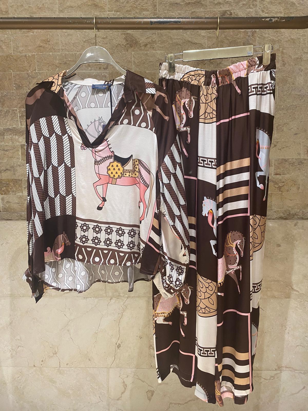 Equestrian Printed Satin Top and Pant Set KD7635VS/66375-20