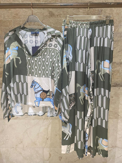 Equestrian Printed Satin Top and Pant Set KD7635VS/66375-20