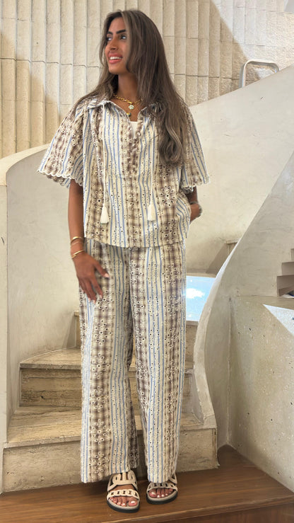Nickita/Aude Eyelet Embroidery Top and Pants بلوزة وبنطال مطرزان بفتحات معدنية - Brown Loft