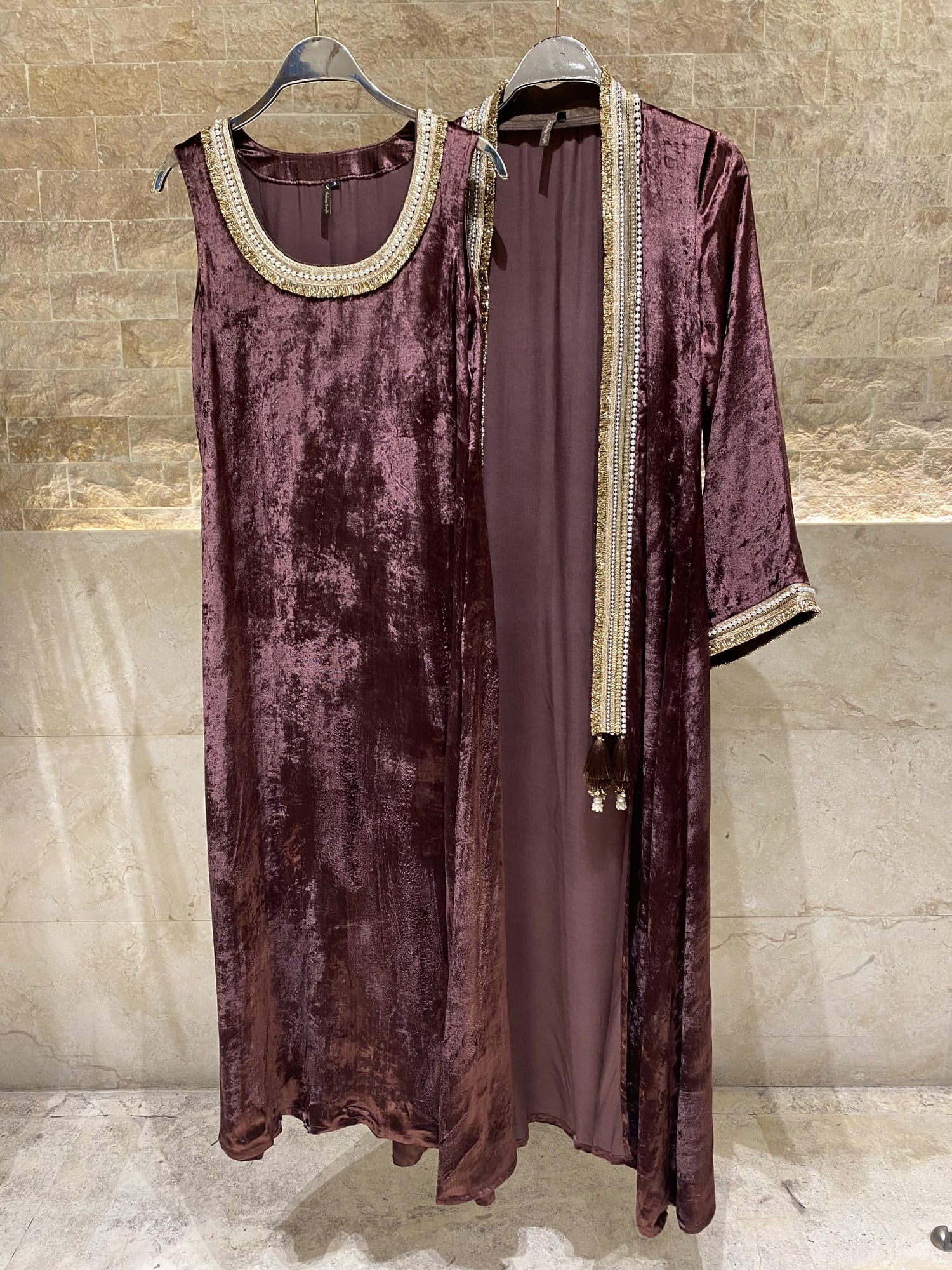 Velvet Pearl Set Dress and Cardigan - Brown Loft