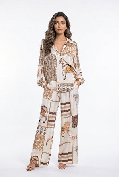 Equestrian Printed Satin Top and Pant Set KD7635VS/66375-20
