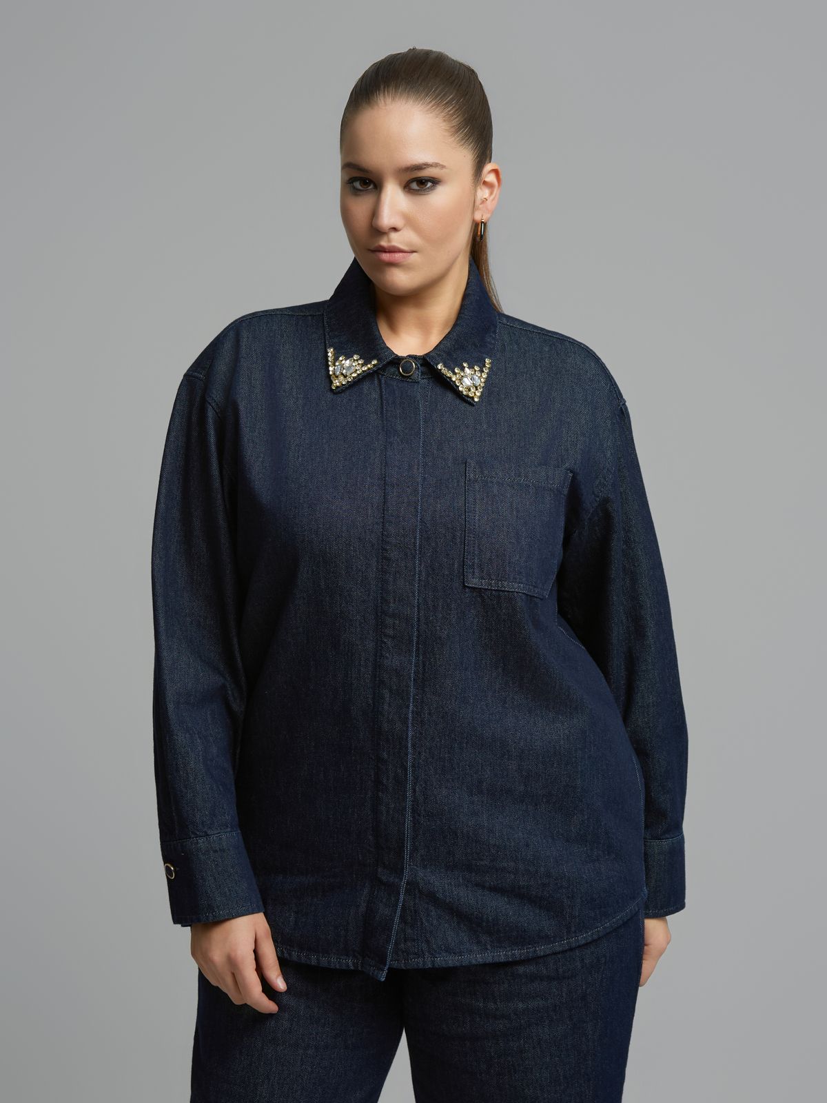 Strass Embellished Collar Denim Shirt 8641.3003
