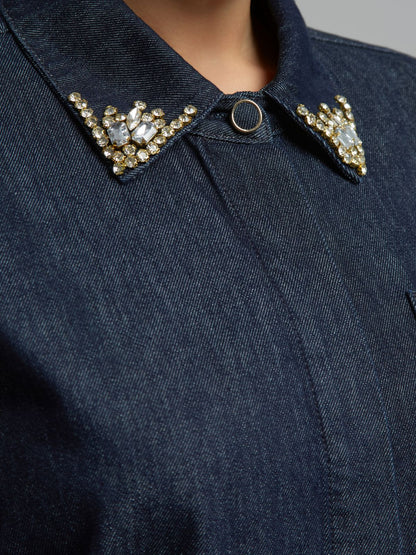 Strass Embellished Collar Denim Shirt 8641.3003