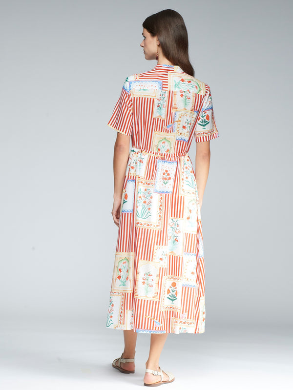 Striped Midi Dress with Flower Patches - 32275