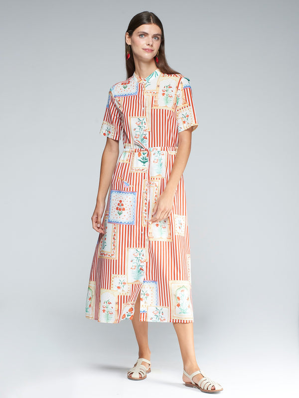 Striped Midi Dress with Flower Patches - 32275