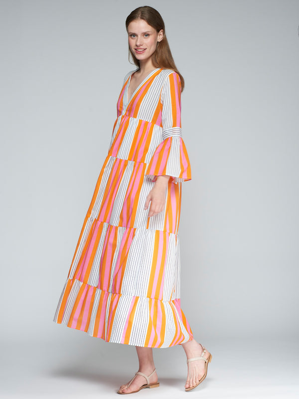 V Neck Tiered Flared Striped Long Dress - 32386