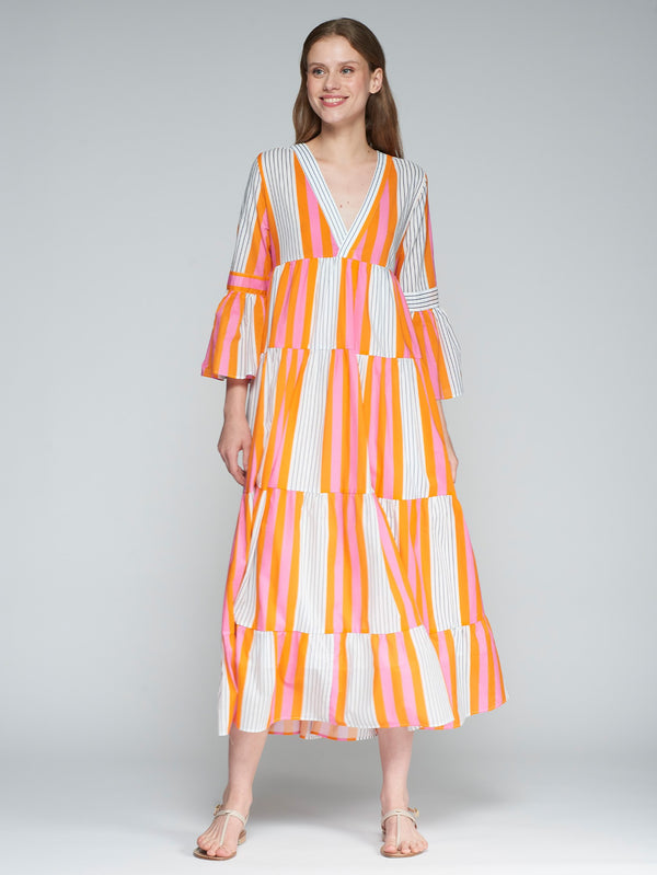 V Neck Tiered Flared Striped Long Dress - 32386