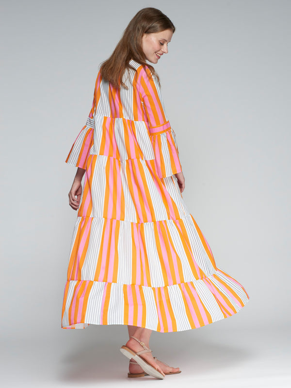 V Neck Tiered Flared Striped Long Dress - 32386