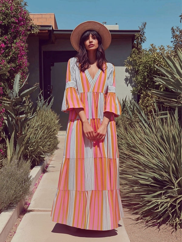 V Neck Tiered Flared Striped Long Dress - 32386