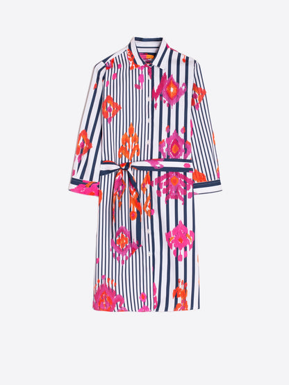 32292 Cotton Striped Knee-Length Dress with Ikat Print - Brown Loft