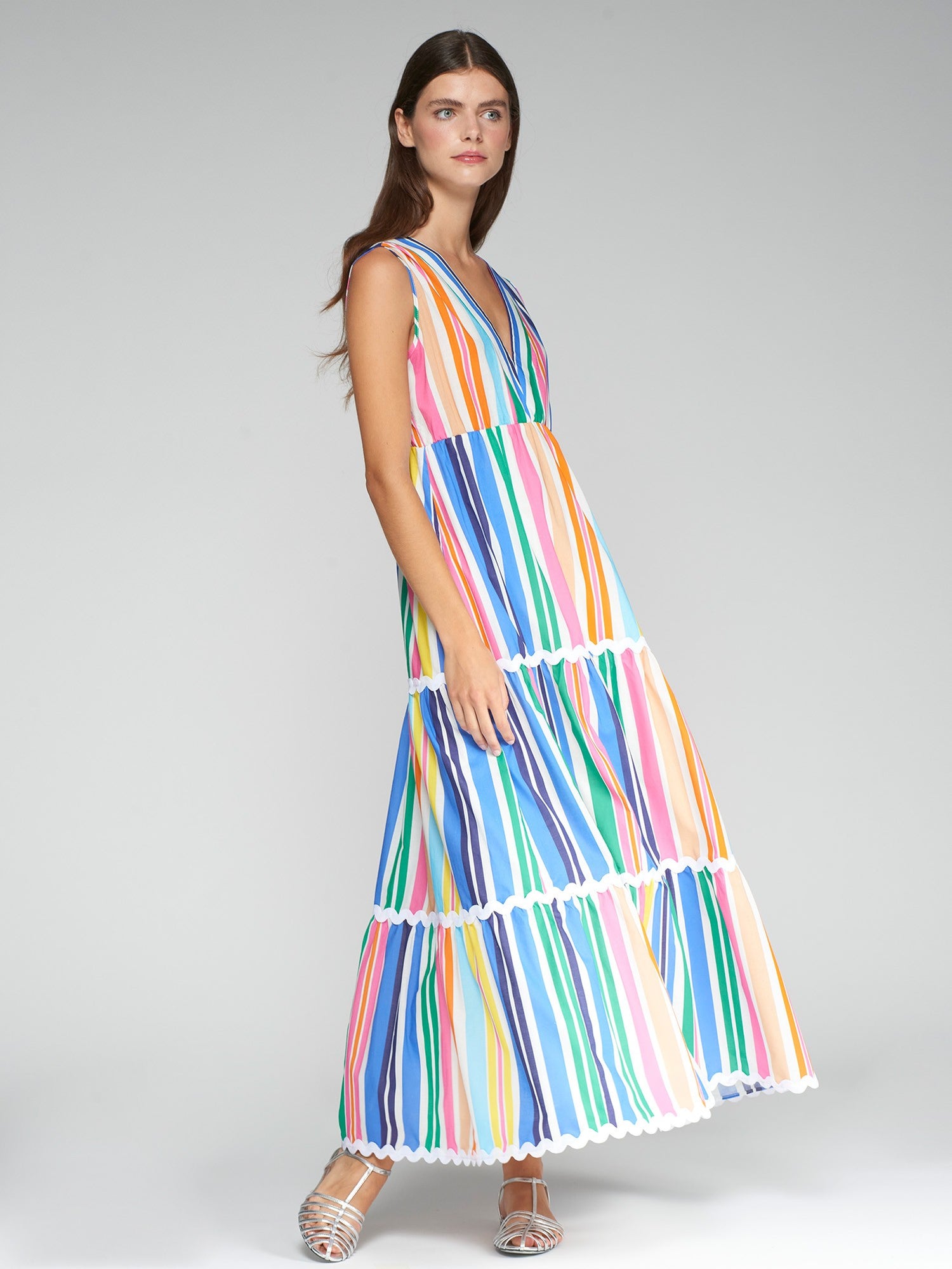 32378 Colorful Striped Sleeveless Long Dress - Brown Loft
