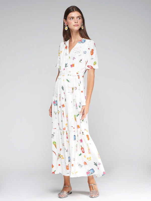 V Neck Crossover Printed Long Dress - 32346