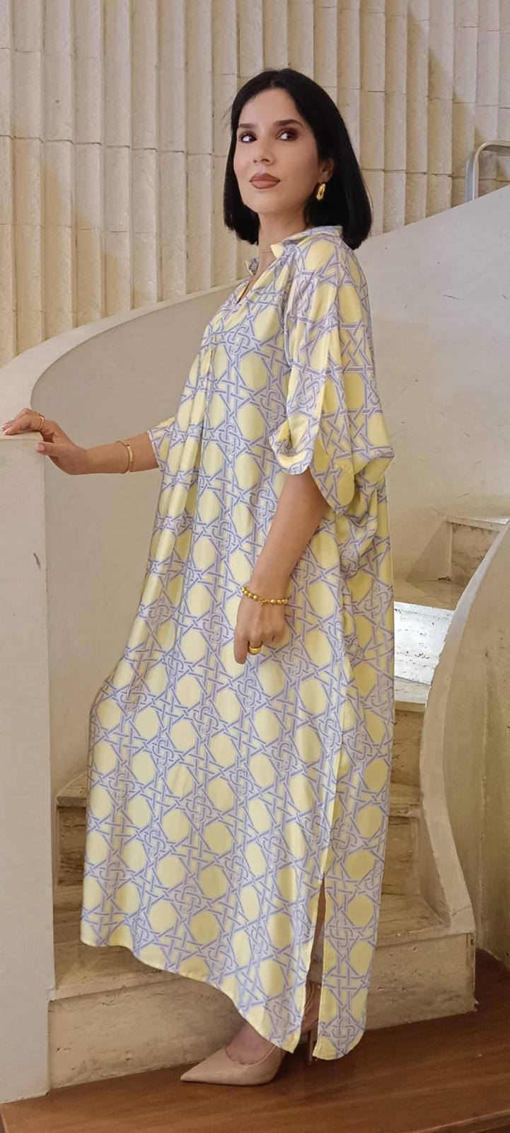 KD9702VS Geometric Cane Print Satin Dress