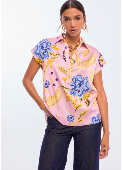 LS2615063 Floral Print Satin Top بلوزة من الساتان بنقشة الزهور - Brown Loft