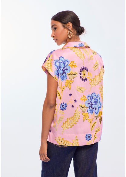 LS2615063 Floral Print Satin Top بلوزة من الساتان بنقشة الزهور - Brown Loft